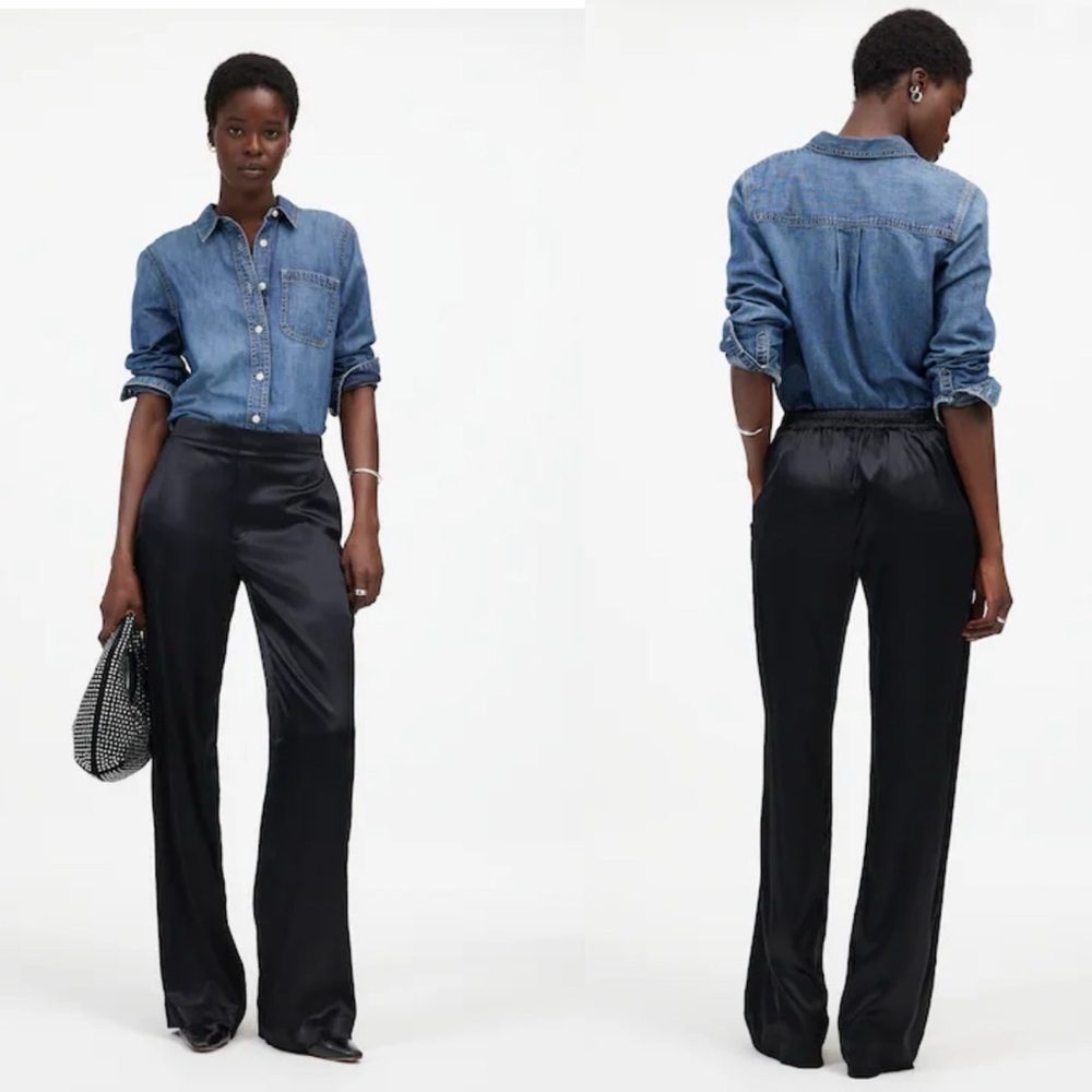 Madewell Black Pull-On Straight Pants Stretch Satin Pockets Size XL